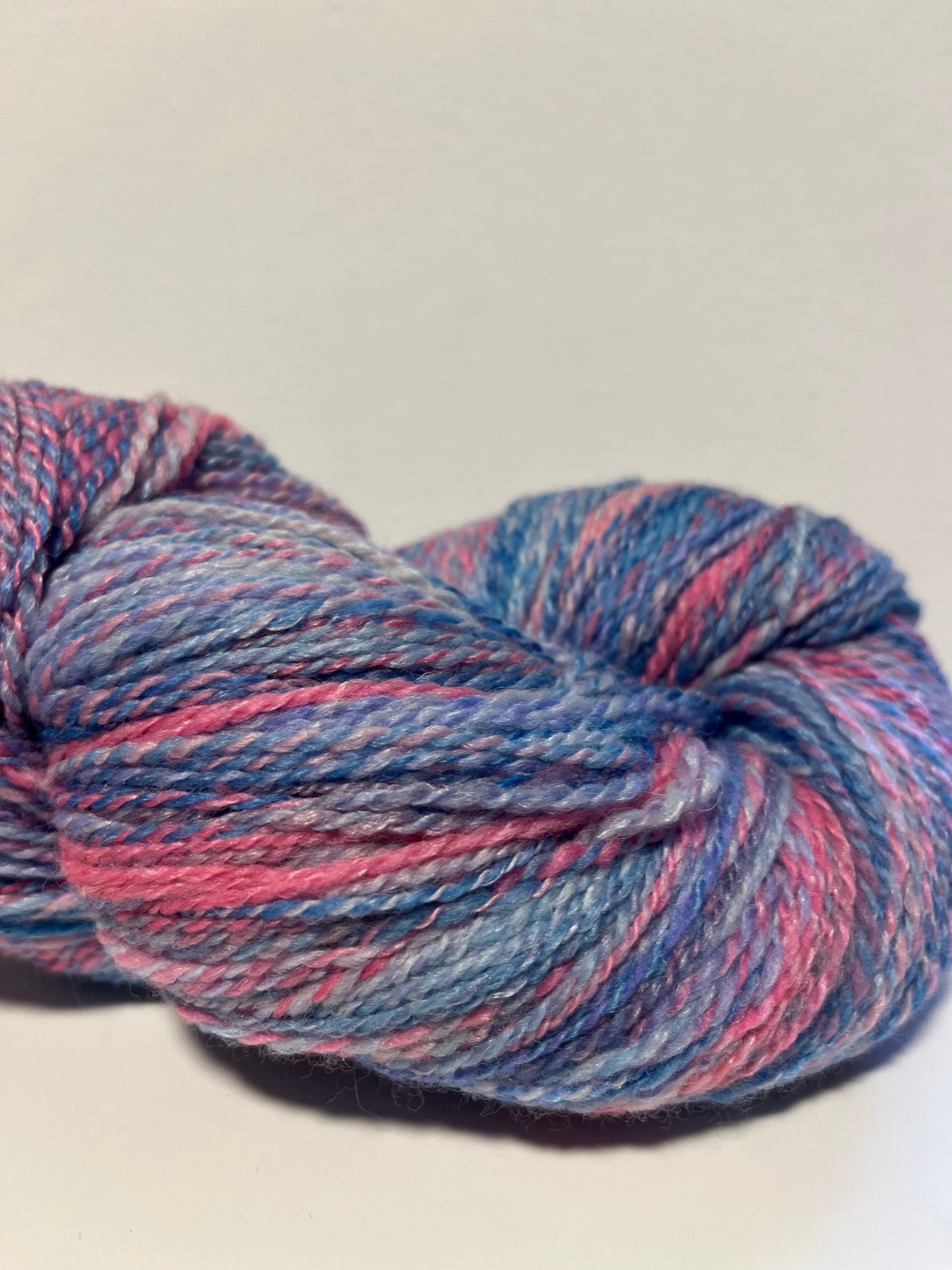 2 ply Pink/Blue fractal handspun yarn